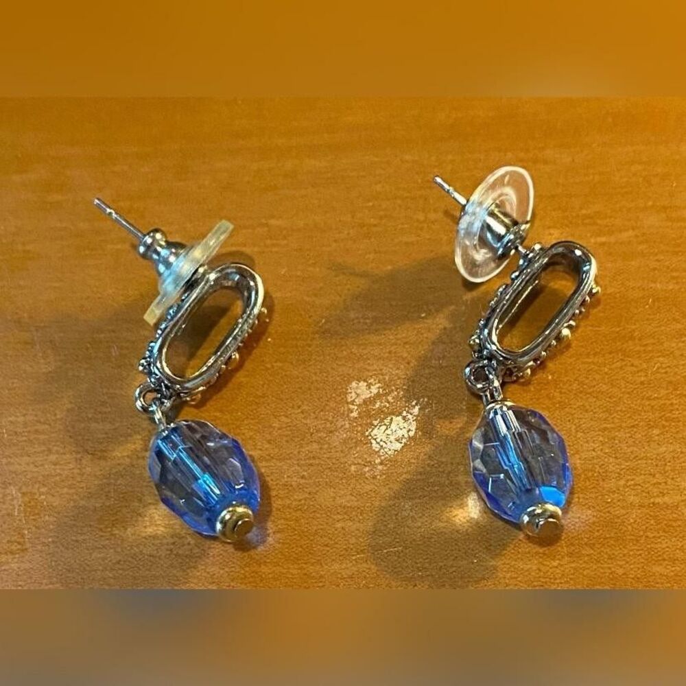 Silver Tone Blue Glass Bead Dangle Drop Earrings Women’s Oval Post Back Jewelry